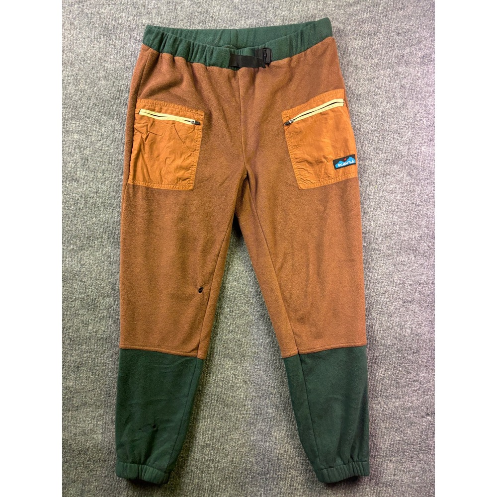 Kavu Fleece Joggers Mens Large Brown Green Colorblock Outdoor Belted Pants
